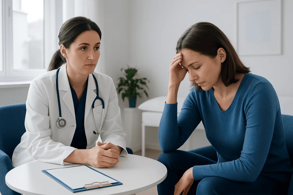 Doctor consulting a patient about antidepressant side effects in a clinical setting.