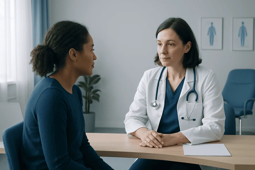 Doctor consulting with a patient in a medical office setting.
