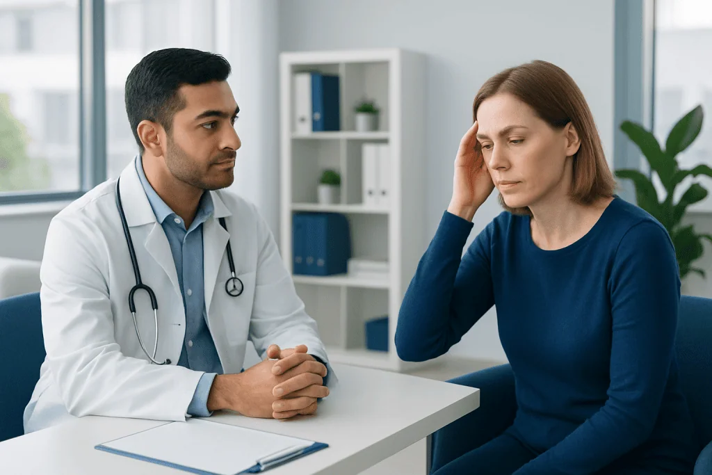 Doctor consulting with a woman patient in a medical office.