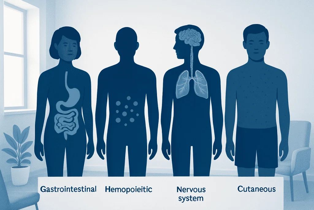 Illustration of human body systems affected by radiation sickness.