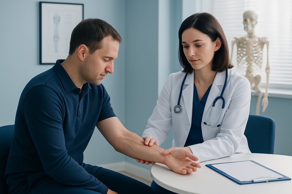 Doctor examining patient's arm in a medical consultation at Acibadem Hospital.