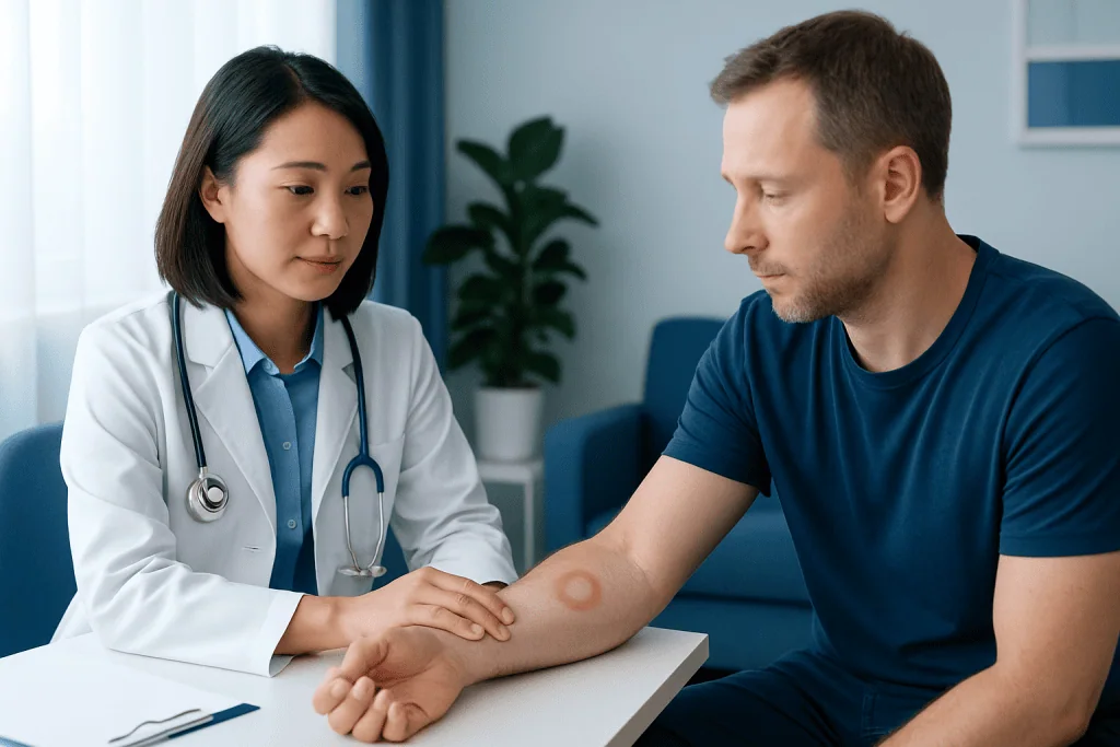 Doctor examining a patient's arm for skin rashes or infections.