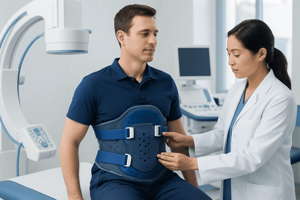 Doctor fitting a back brace on a patient in a medical clinic.