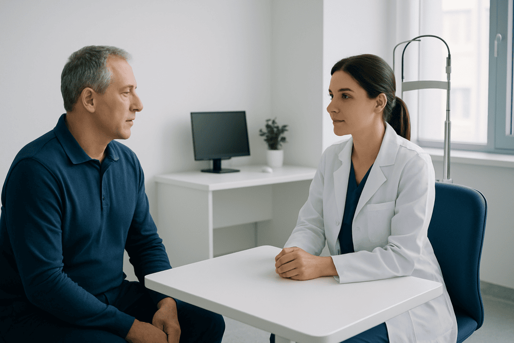 Doctor consulting with a patient in a modern medical office.