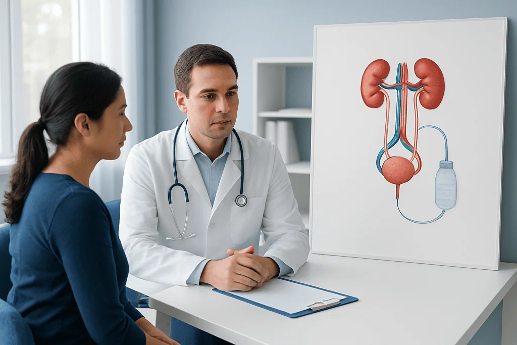 Doctor explaining kidney diagram to patient in medical consultation room.