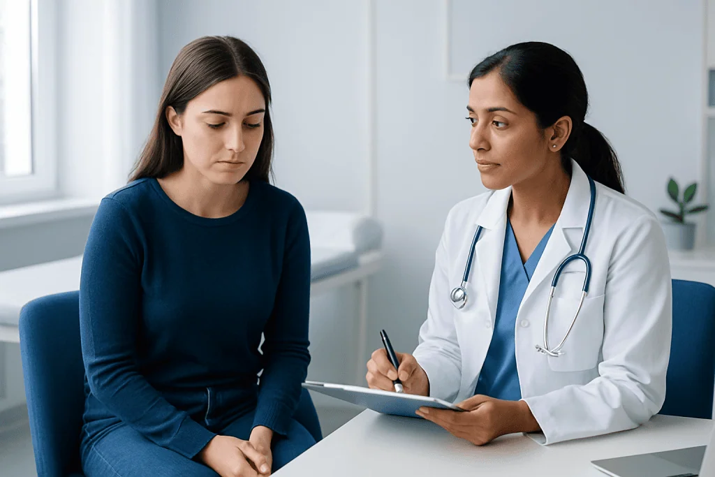 Doctor consulting with a young woman about health concerns in a medical office.