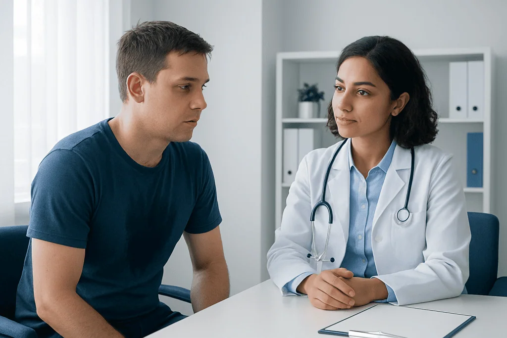 Doctor consulting with a patient about health concerns in a medical office.
