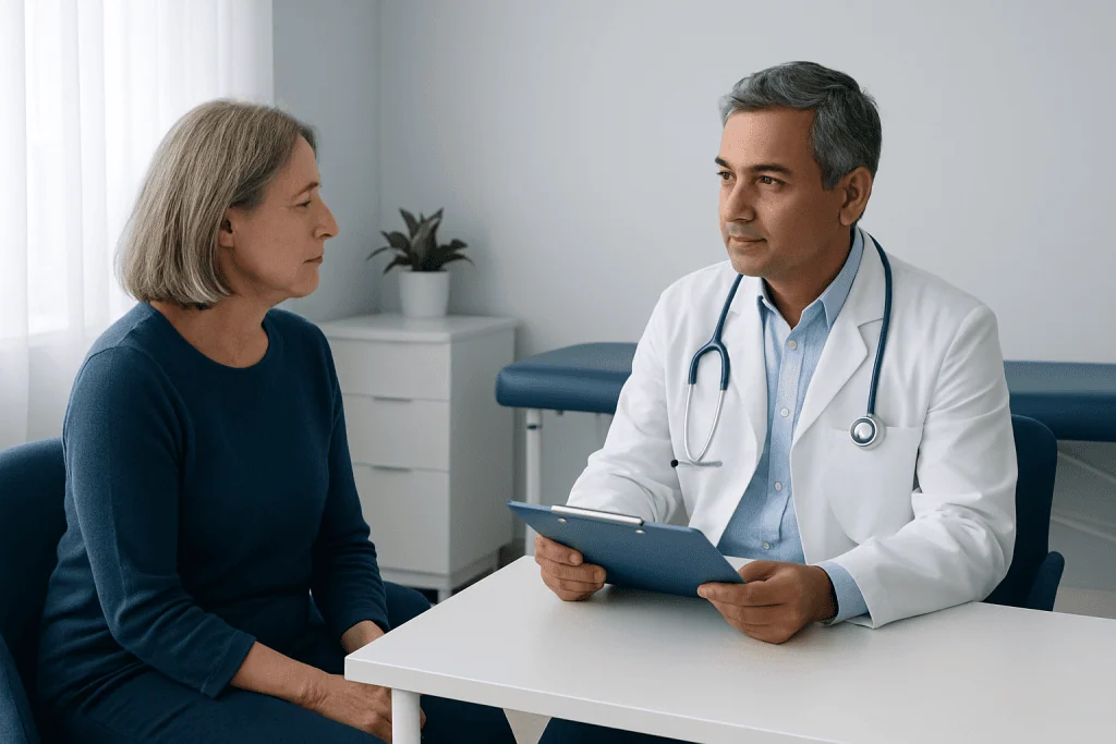 Doctor consulting with a female patient in a modern medical office.
