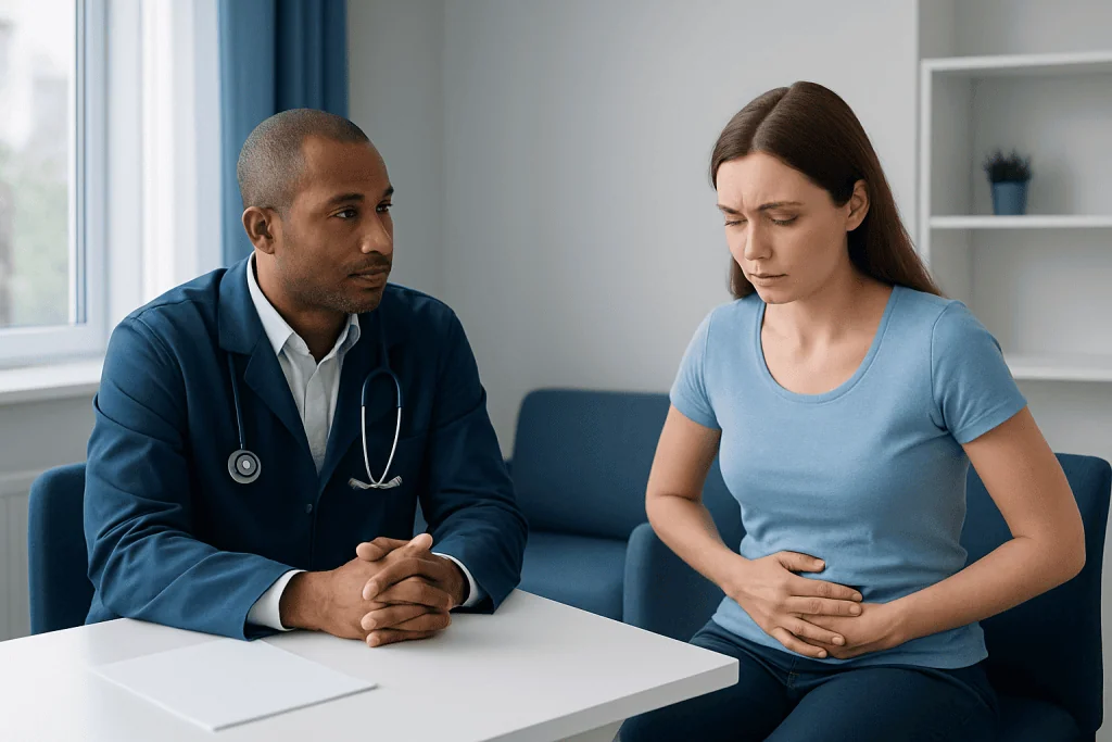 Doctor consulting with a woman patient about digestive health issues.