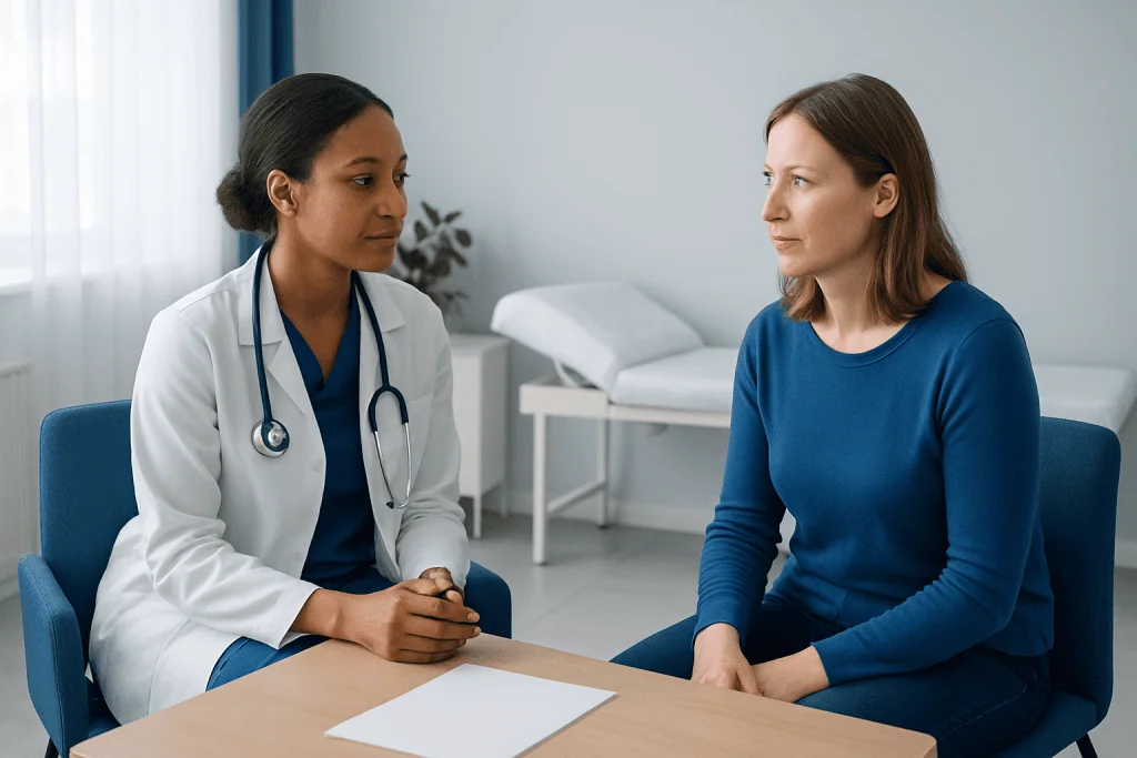 Doctor consulting with patient in a medical office setting.