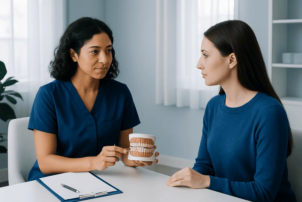 Dentist explaining dental bonding to patient with dental model in clinic.