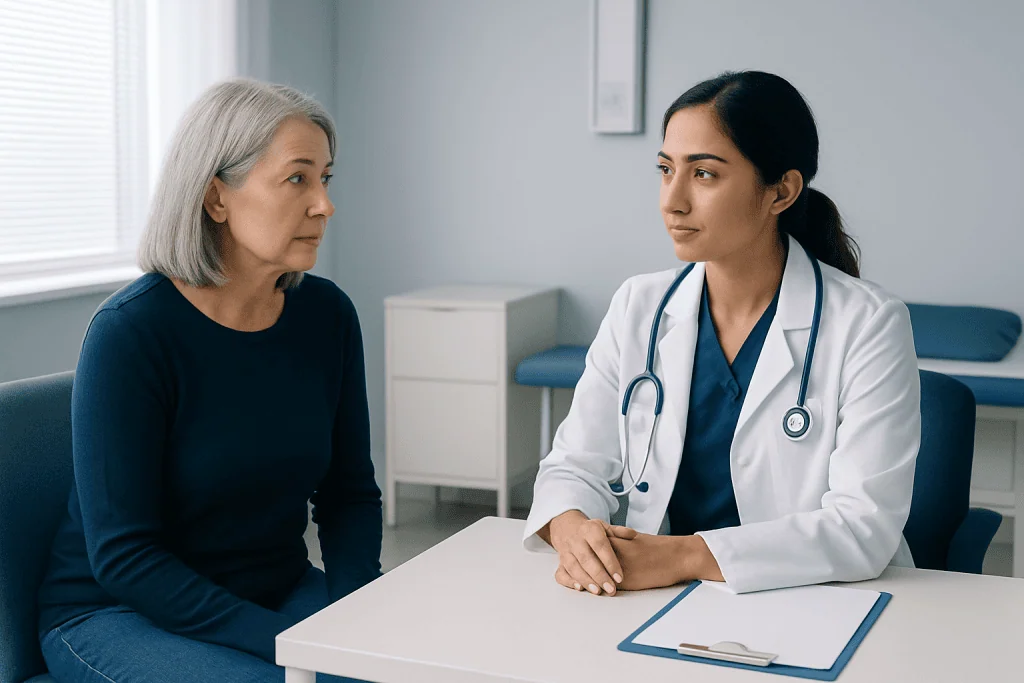 Doctor consulting with an elderly female patient in a medical office.