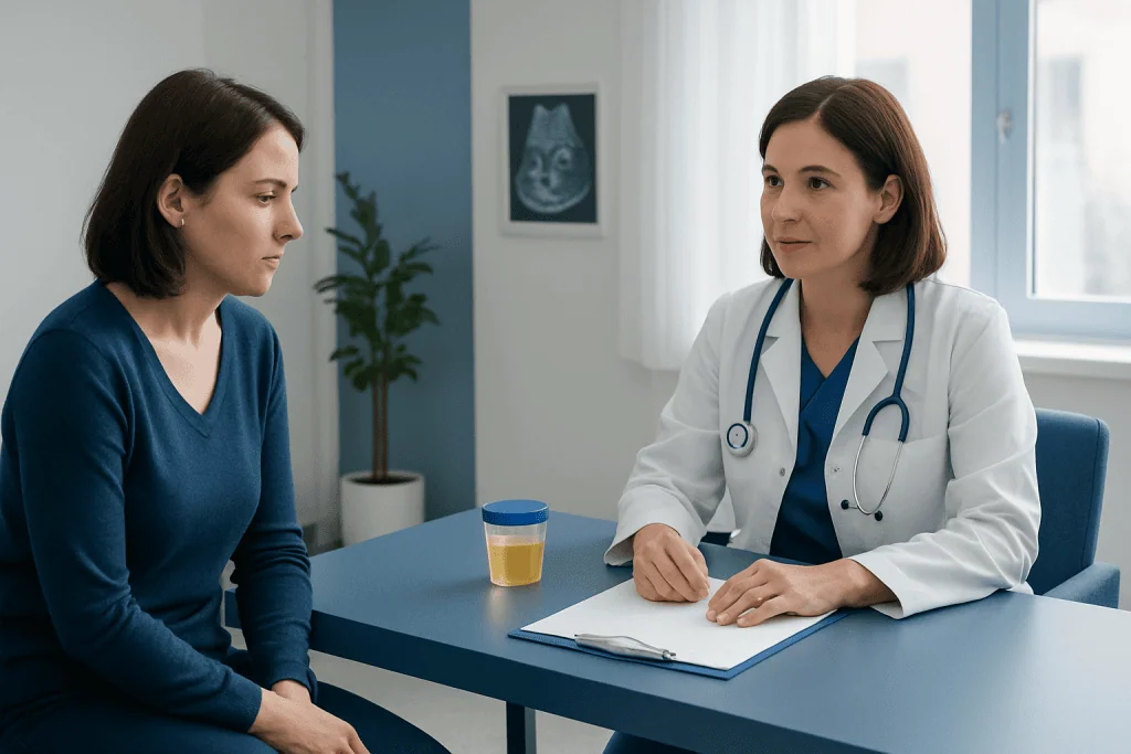 Doctor consulting with a female patient in a medical office.