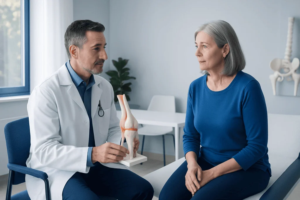 Orthopedic specialist explains knee joint to an elderly woman in a clinic.
