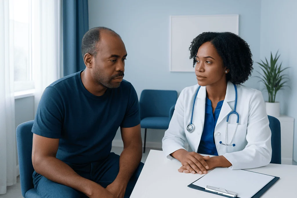 Doctor consulting with a male patient about hair restoration options.