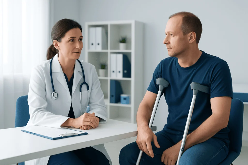 Doctor consulting with patient using crutches in a medical office.