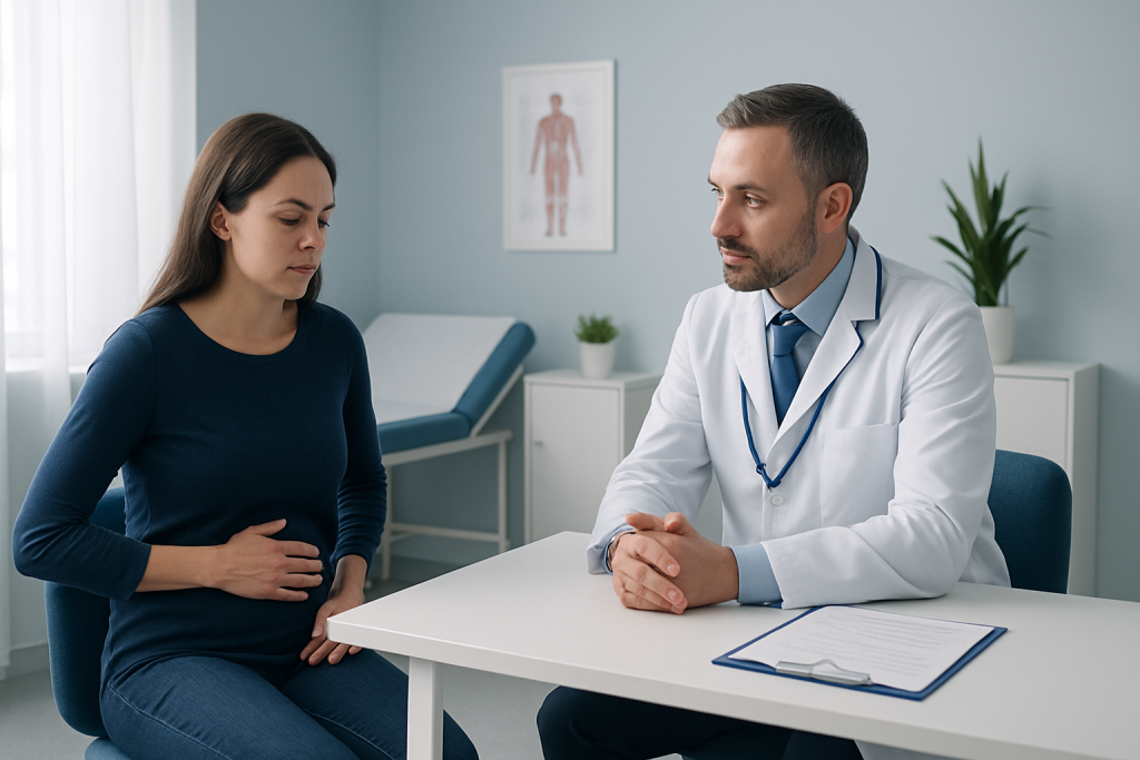 Doctor consulting with a woman patient in a medical office setting.