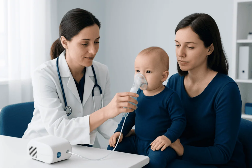 Pediatrician administering nebulizer treatment to a young child with mother present.