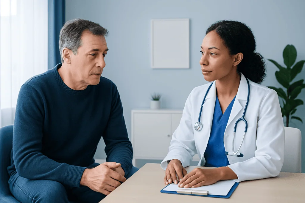 Doctor consulting with middle-aged male patient in a medical office.