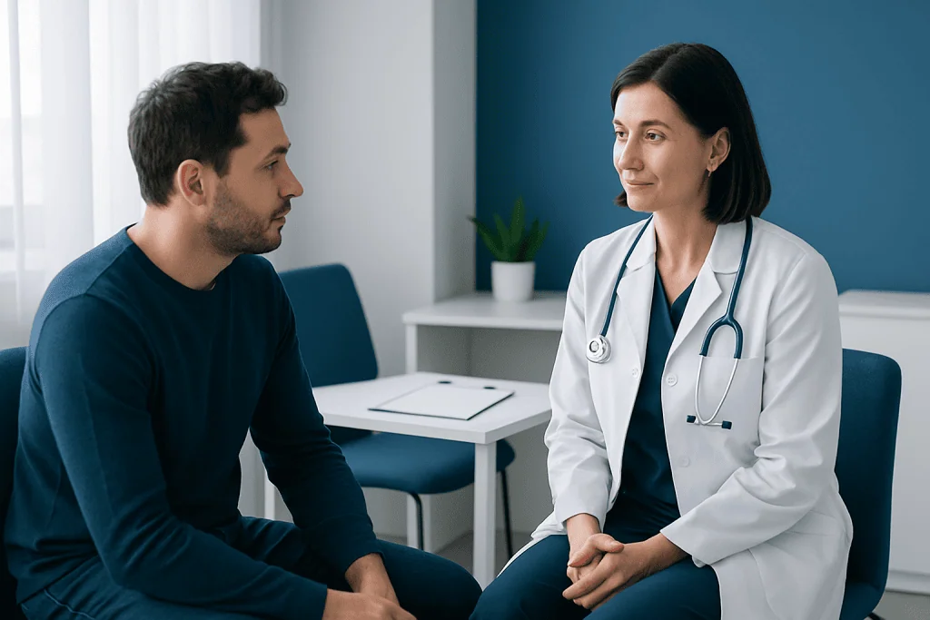Doctor consulting with male patient in a medical office setting.
