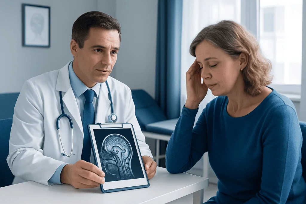 Doctor explaining brain MRI scan to a patient with dizziness.