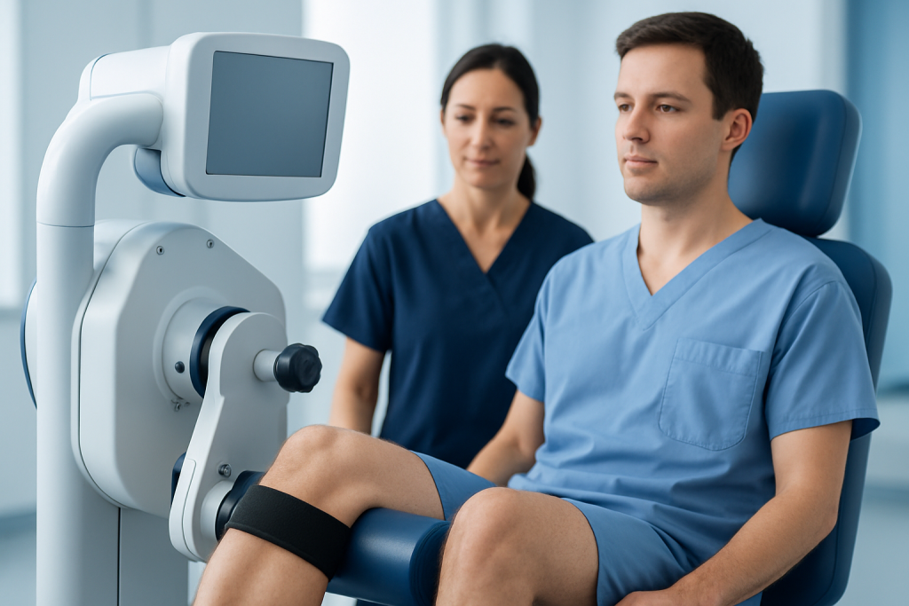 Patient undergoing leg muscle assessment with medical equipment at Acibadem Hospital.