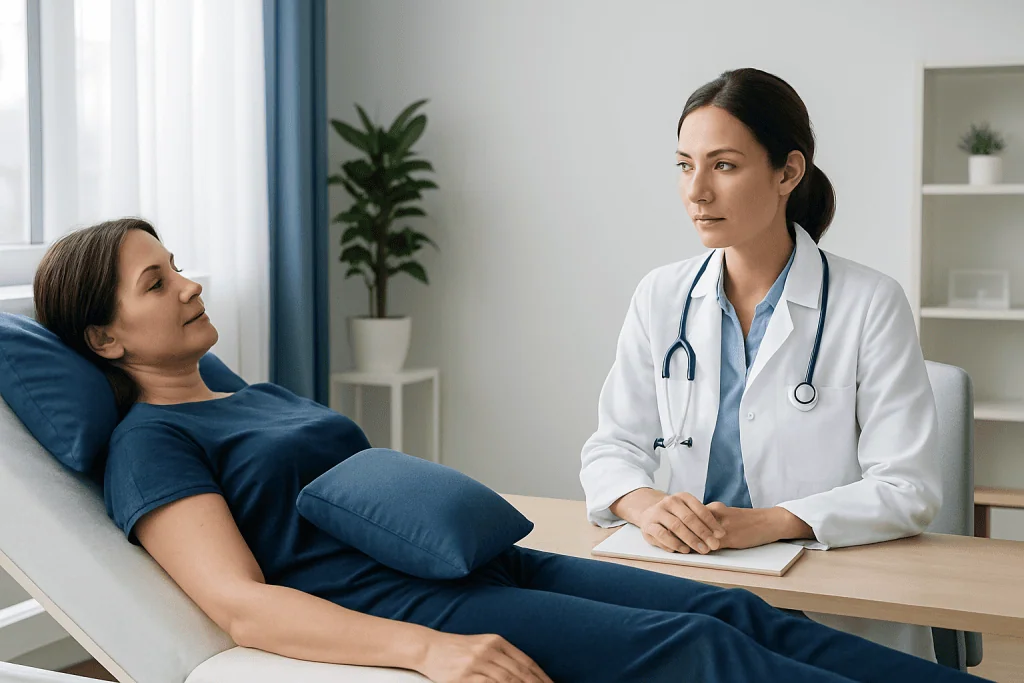 Doctor consulting with patient in hospital room.