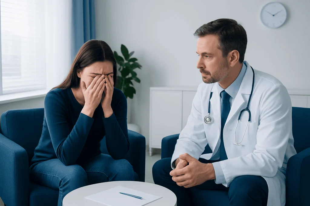 Doctor consulting with a woman experiencing emotional distress in a medical office.
