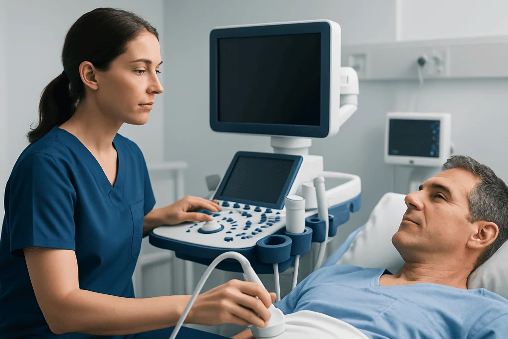 Medical professional performing ultrasound examination on male patient in hospital.