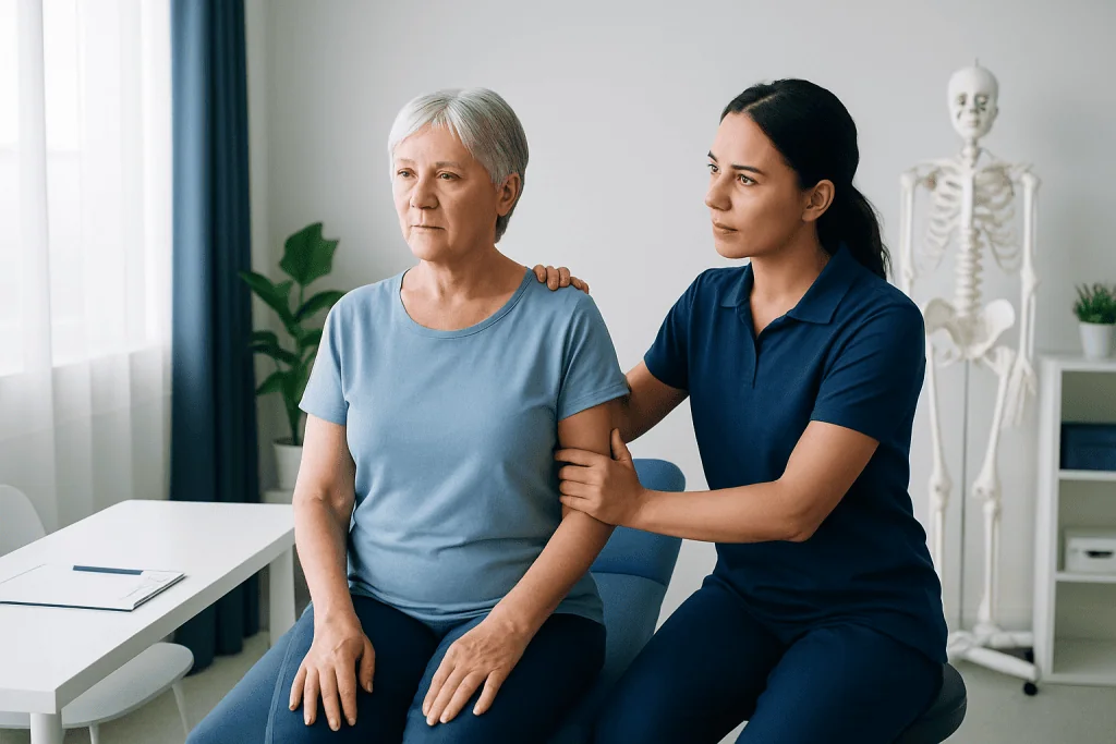 Physical therapy session with elderly woman and therapist in clinic.