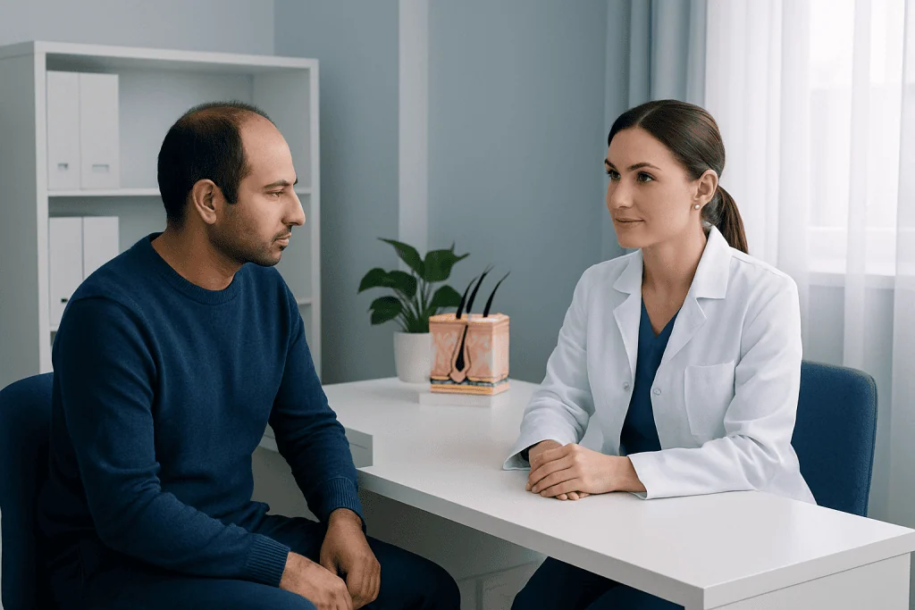 Doctor consulting with a patient about hair health in a clinic setting.