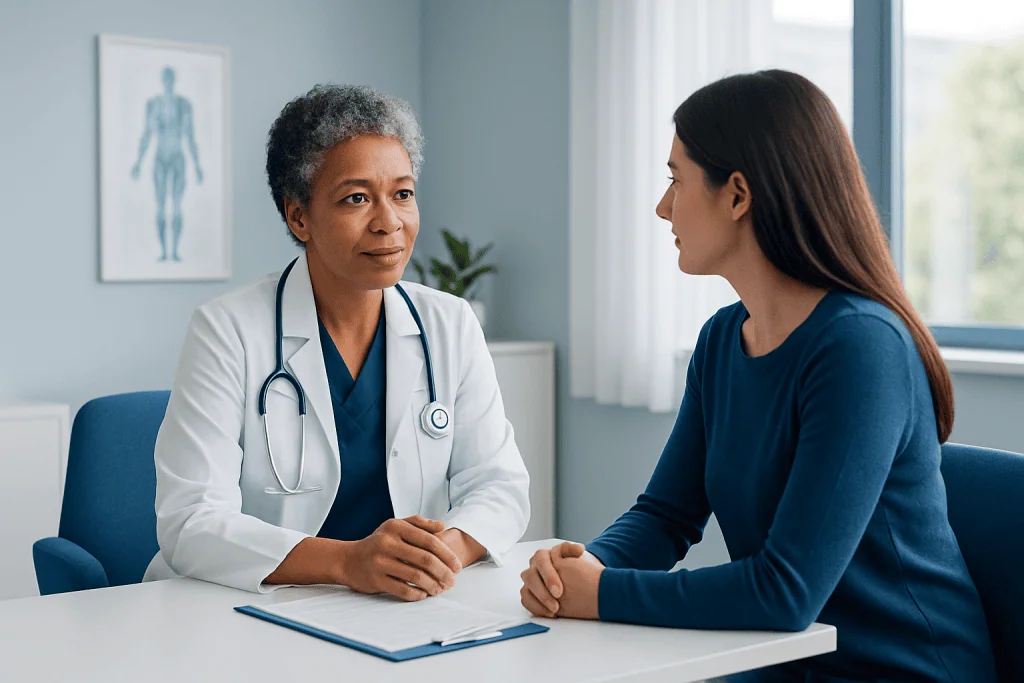 Doctor consulting with a patient in a medical office at Acibadem Hospitals Group.