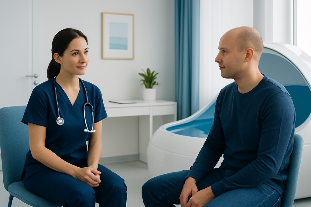 Doctor consulting with patient in a modern hospital room.