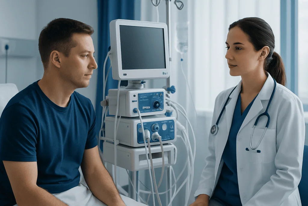 Doctor consulting patient in hospital room with medical equipment.