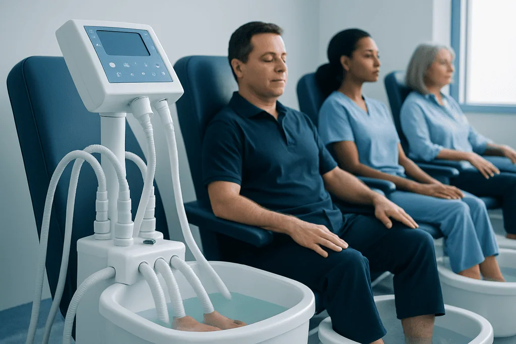 Patients receiving foot therapy at Acibadem Hospital with medical equipment nearby.