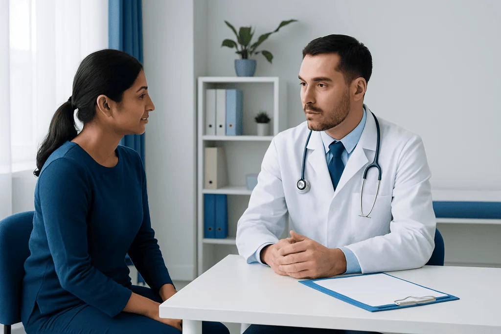 Doctor consulting with a patient in a medical office setting.