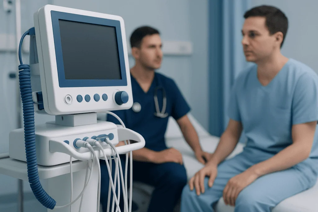 Medical consultation with a doctor and patient in a hospital setting.
