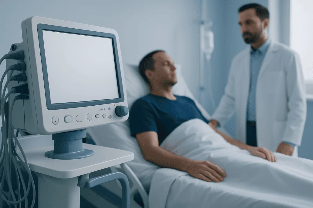 Doctor consulting patient in hospital room with medical equipment nearby.