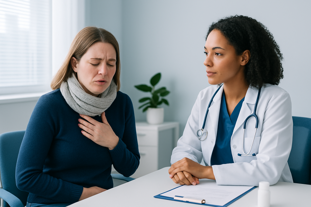 Doctor consulting a patient with cold symptoms in a clinic setting.