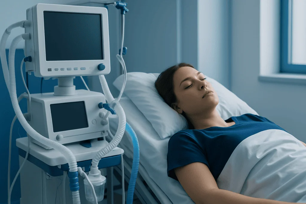 Patient resting in hospital bed with medical ventilator equipment nearby.