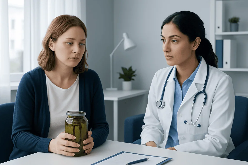 Doctor consulting with a patient about her pickle craving at a clinic.