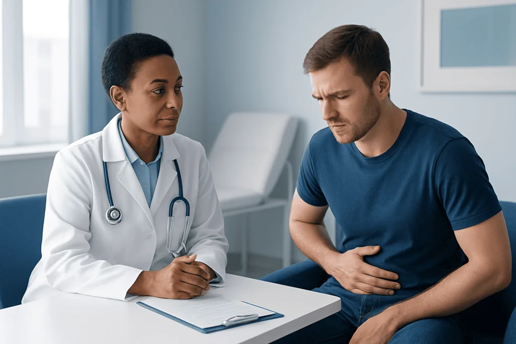 Doctor consulting with a male patient about health concerns in a clinic setting.