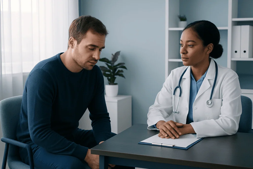 Doctor consulting with male patient in a medical office setting.