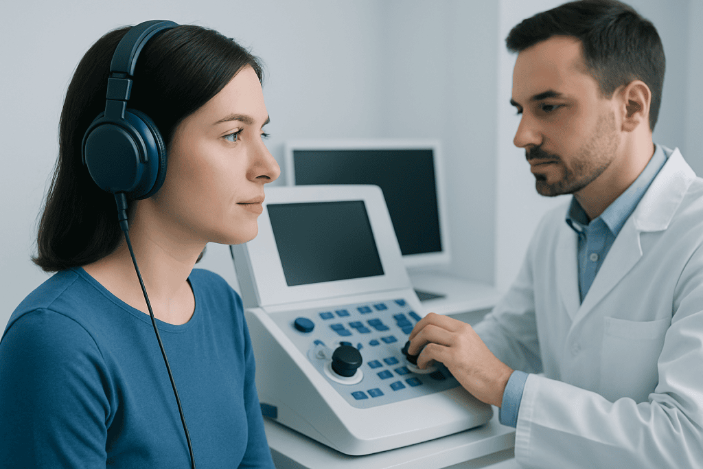 Audiologist performing hearing test with patient wearing headphones in clinic.