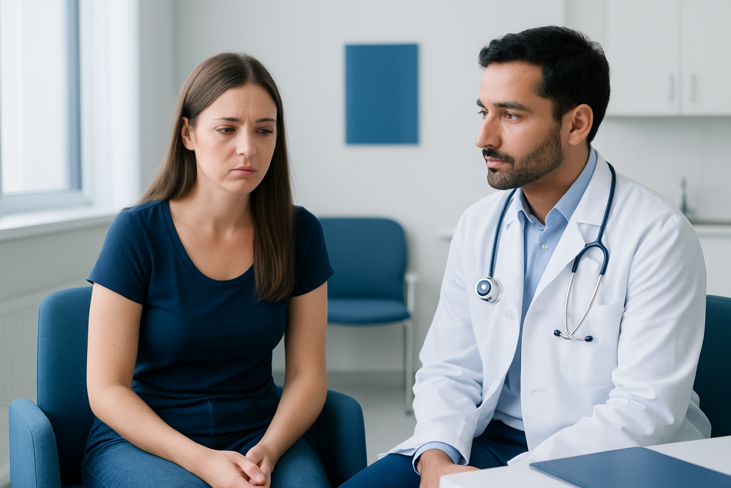 Doctor consulting with a woman patient in a medical office.