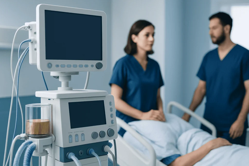 Hospital room with medical equipment and two healthcare professionals attending a patient.