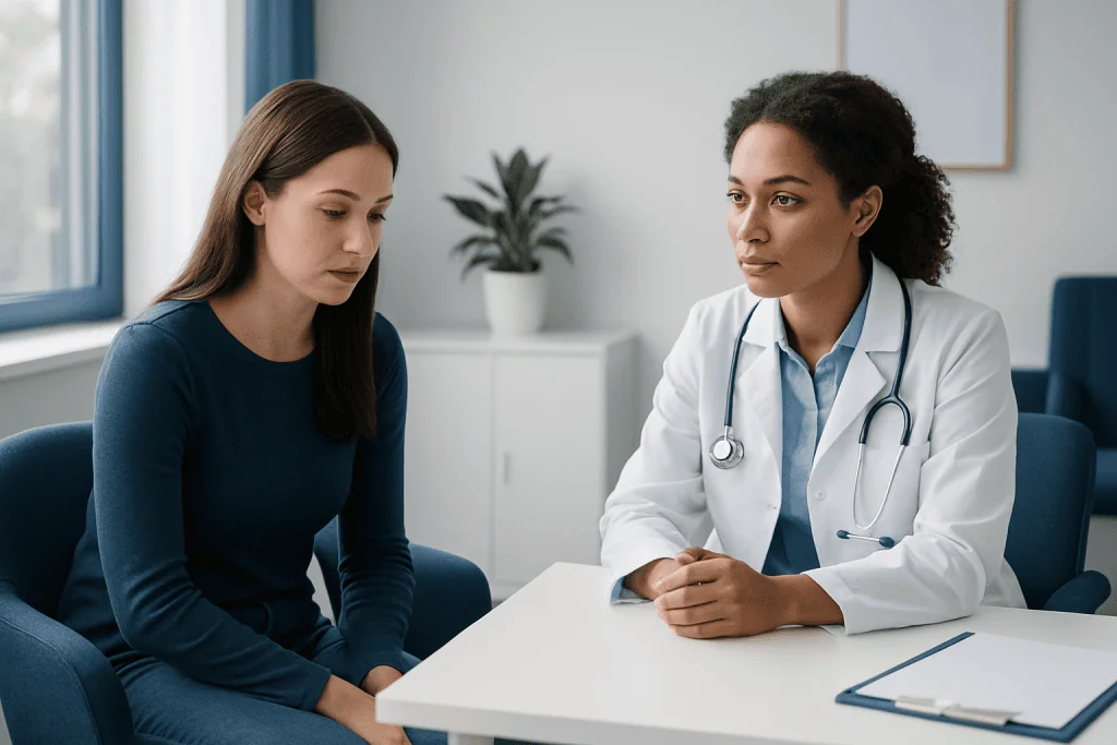Doctor consulting with a patient about menstrual cycle concerns.