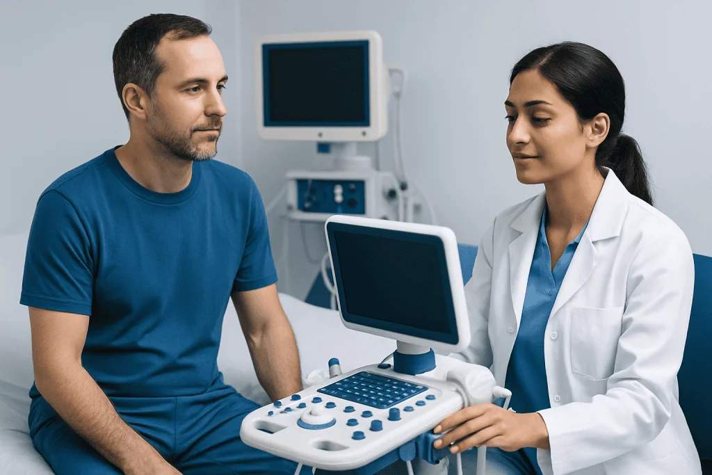 Doctor performing an ultrasound examination on a male patient in a medical clinic.