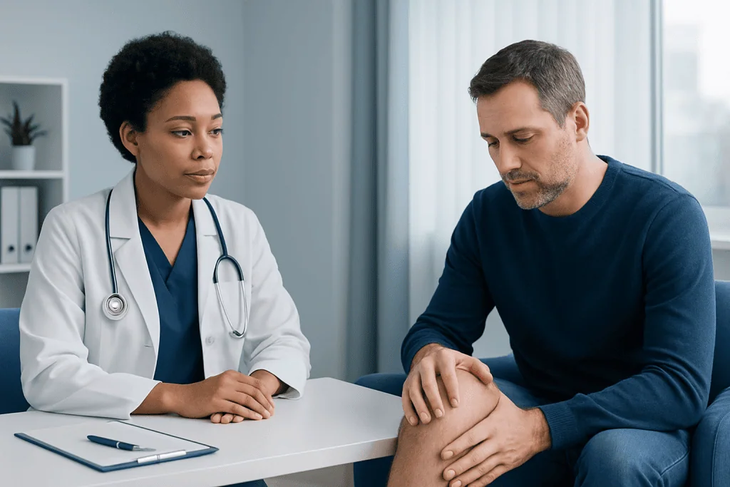 Doctor consulting patient about knee pain in a medical office setting.