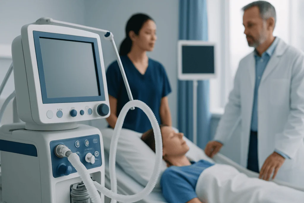 Medical professionals discuss patient care in a hospital room with medical equipment.